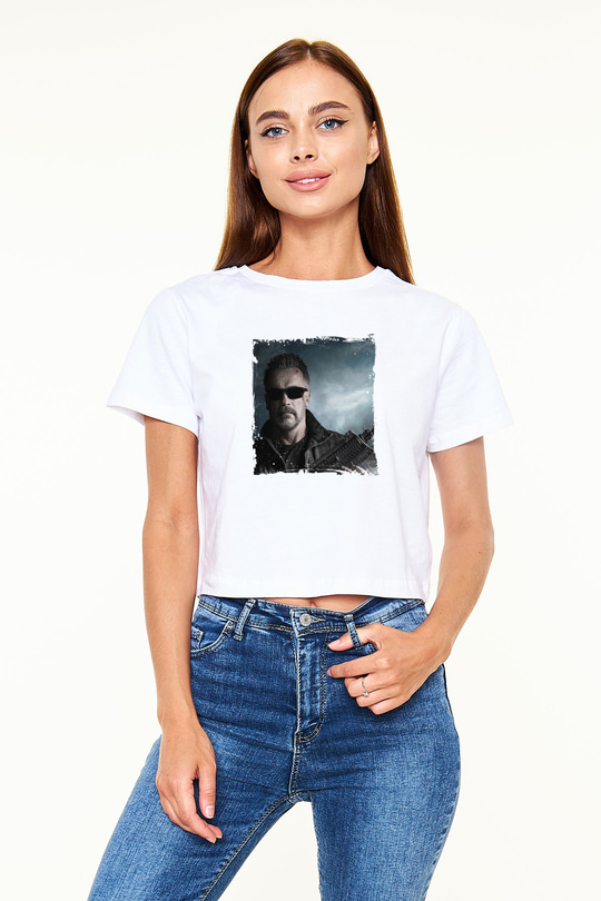 Arnold Schwarzenegger Baskılı Beyaz Kadın Crop Top Tişört
