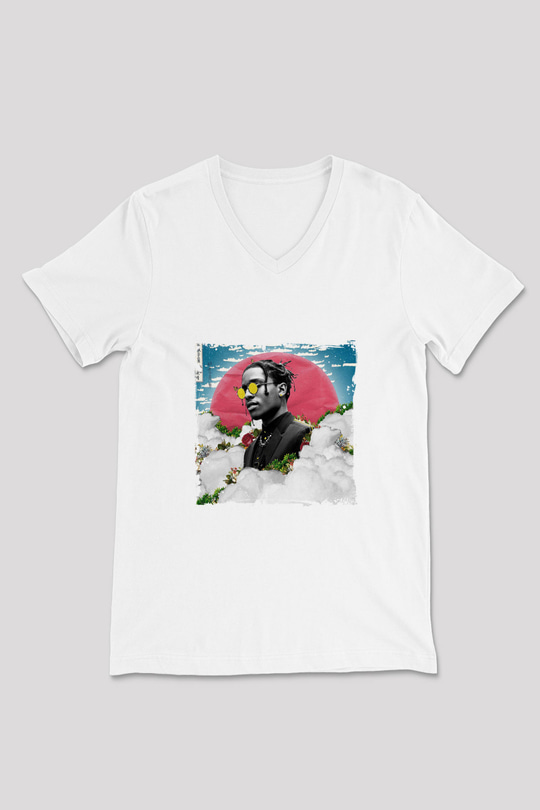 ASAP Rocky Baskılı Beyaz V Yaka Unisex Tişört