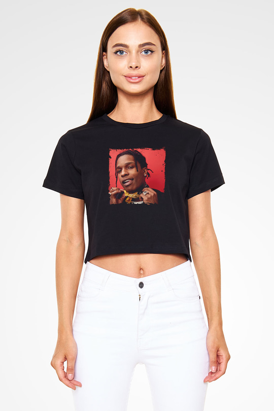ASAP Rocky Baskılı Crop Top Siyah Kadın Tişört