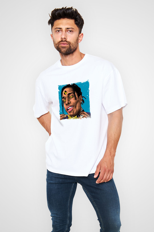 ASAP Rocky Baskılı Oversize Beyaz Tişört