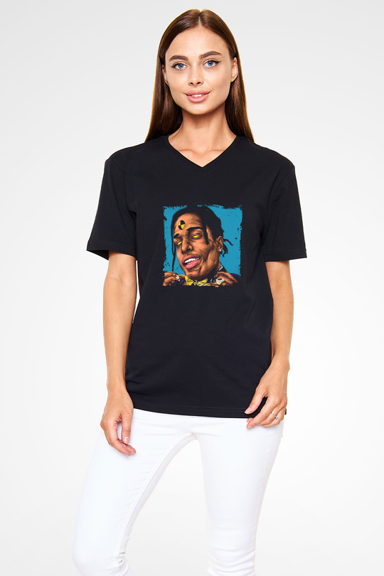ASAP Rocky Baskılı Unisex Siyah V Yaka Tişört