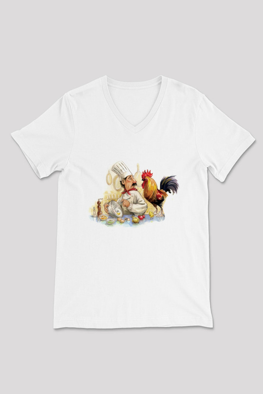 Aşçı Beyaz Unisex V Yaka Tişört T-Shirt