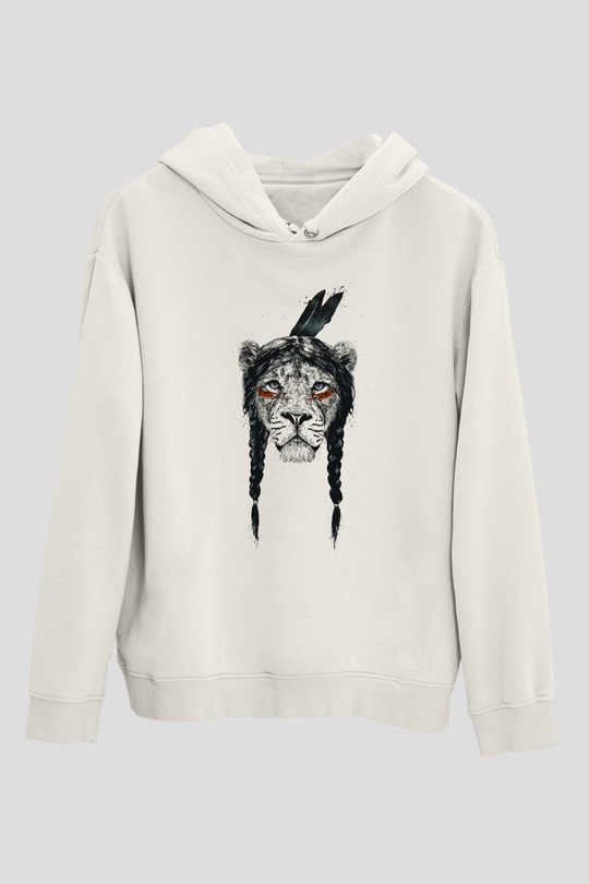Aslan Beyaz Unisex Kapşonlu Sweatshirt