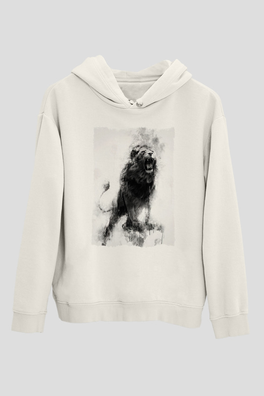 Aslan Beyaz Unisex Kapüşonlu Sweatshirt