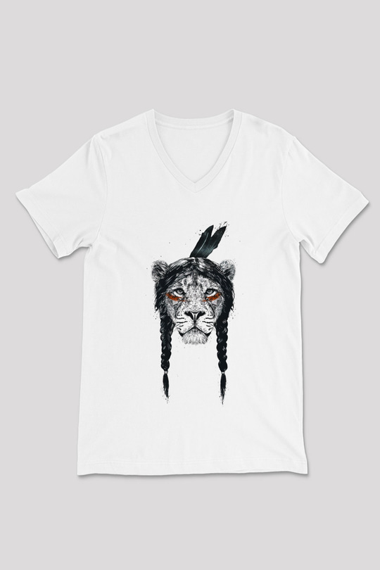 Aslan Beyaz Unisex V Yaka Tişört T-Shirt