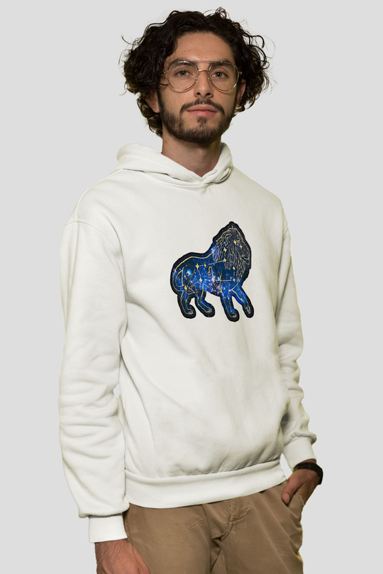 Aslan Burcu Baskılı Beyaz Unisex Hoodie