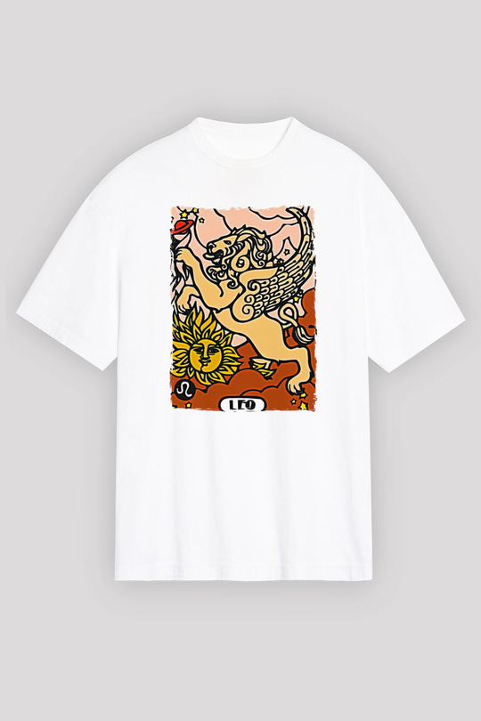Aslan Burcu Baskılı Beyaz Unisex Oversize Tişört - Tshirt