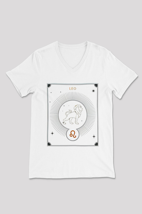 Aslan Burcu Baskılı Beyaz Unisex V Yaka Tişört - Tshirt
