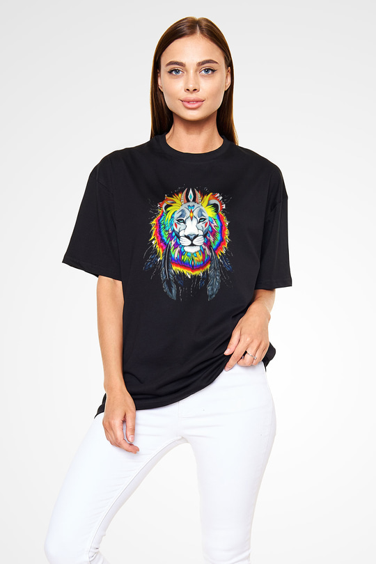 Aslan Siyah Unisex Oversize Tişört T-Shirt
