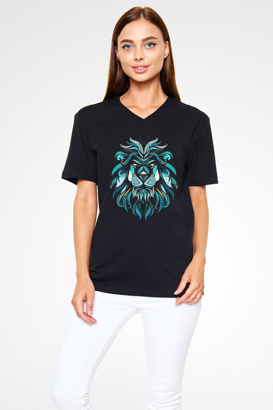 Aslan Siyah Unisex V Yaka Tişört T-Shirt