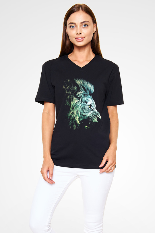 Aslan Siyah Unisex V Yaka Tişört T-Shirt