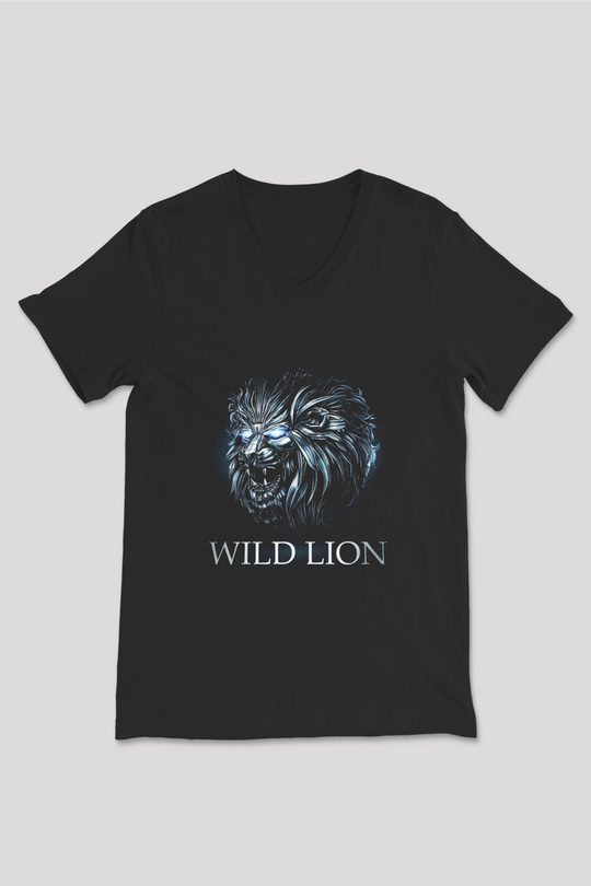 Aslan Siyah Unisex V Yaka Tişört T-Shirt