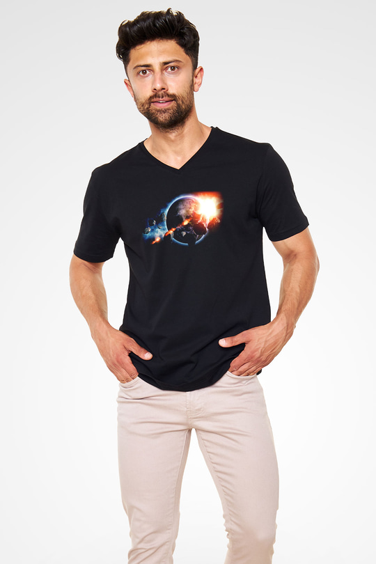 Asteroit Siyah Unisex V Yaka Tişört T-Shirt