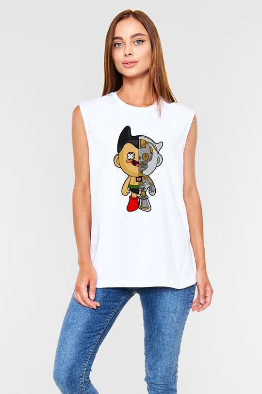 Astroboy Baskılı Unisex Beyaz Kolsuz Tişört