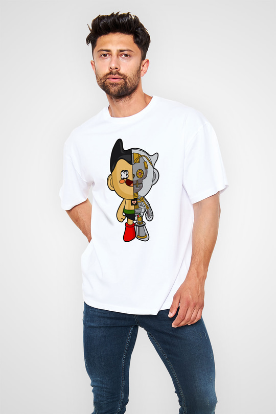 Astroboy Baskılı Unisex Beyaz Oversize Tişört