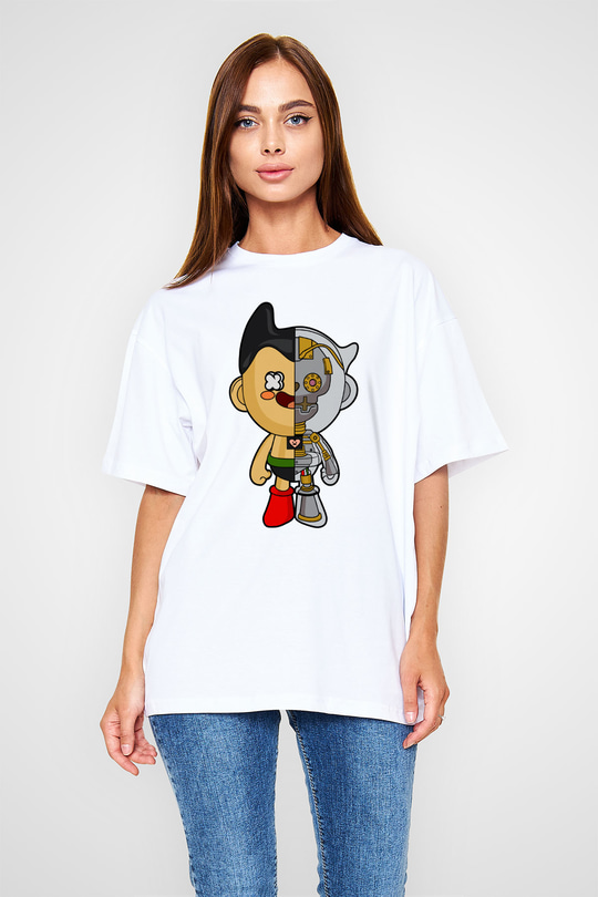 Astroboy Baskılı Unisex Beyaz Oversize Tişört