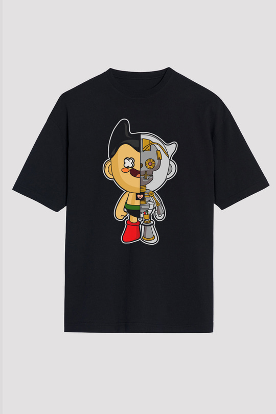 Astroboy Baskılı Unisex Siyah Oversize Tişört