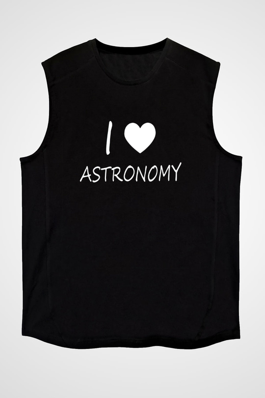 Astronomi Sevenler Baskılı Unisex Kolsuz Siyah Tişört - Tshirt