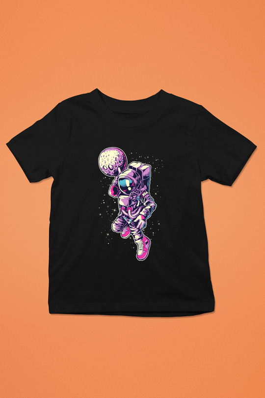 Astronot Baskılı Siyah Unisex Çocuk Tişört