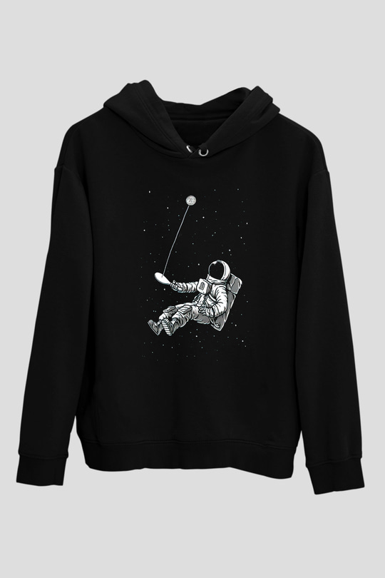 Astronot Siyah Unisex Kapşonlu Sweatshirt