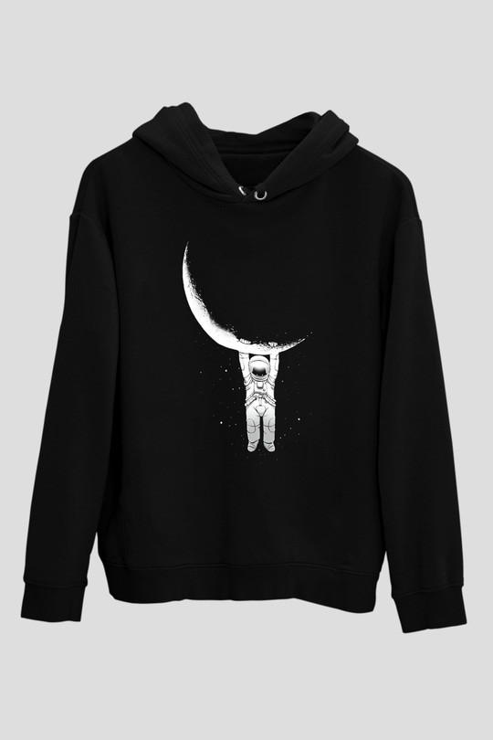 Astronot Siyah Unisex Kapşonlu Sweatshirt