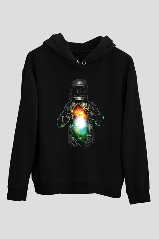 Astronot Siyah Unisex Kapşonlu Sweatshirt
