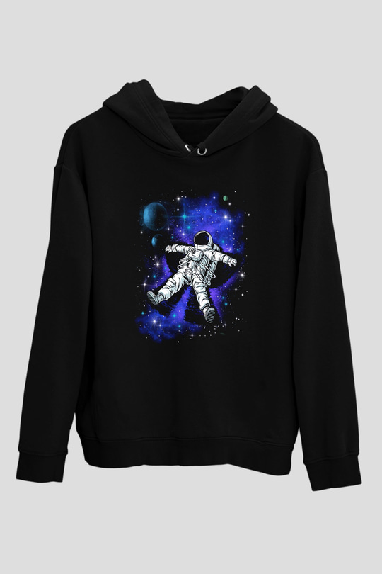 Astronot Siyah Unisex Kapşonlu Sweatshirt
