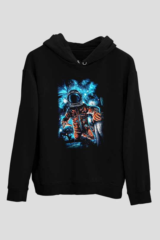 Astronot Siyah Unisex Kapşonlu Sweatshirt