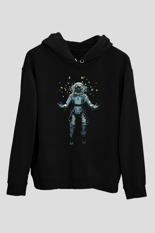 Astronot Siyah Unisex Kapşonlu Sweatshirt