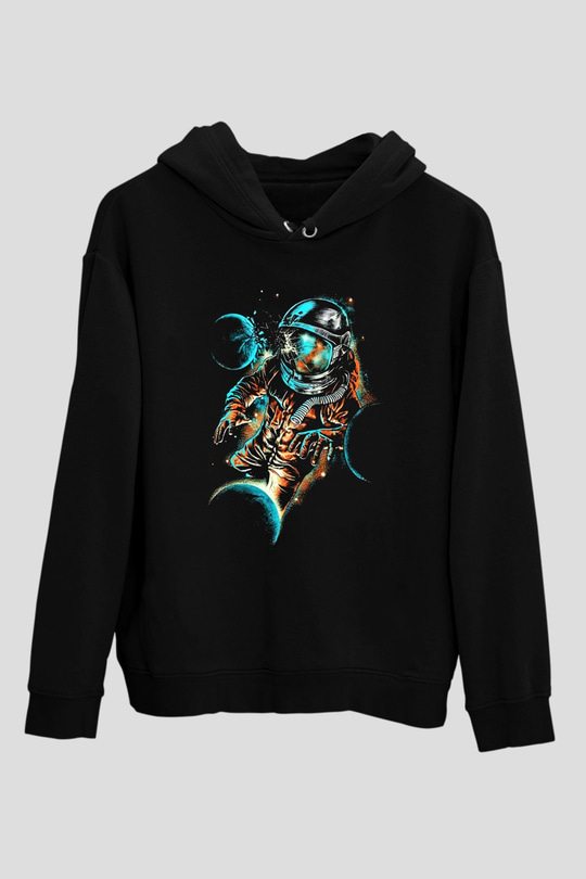 Astronot Siyah Unisex Kapşonlu Sweatshirt