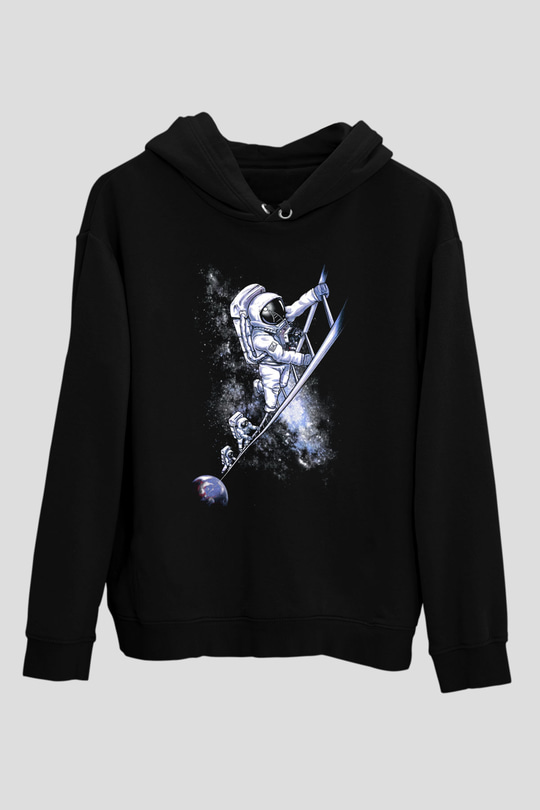 Astronot Siyah Unisex Kapşonlu Sweatshirt