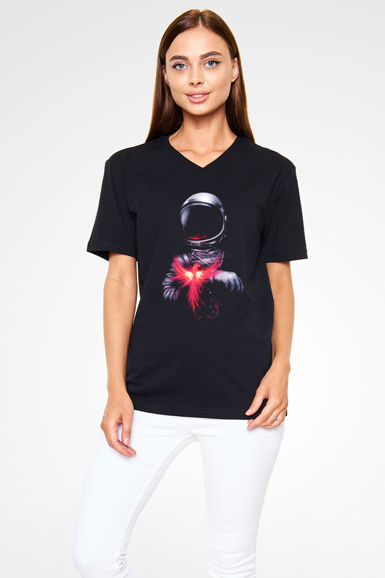 Astronot Siyah Unisex V Yaka Tişört T-Shirt