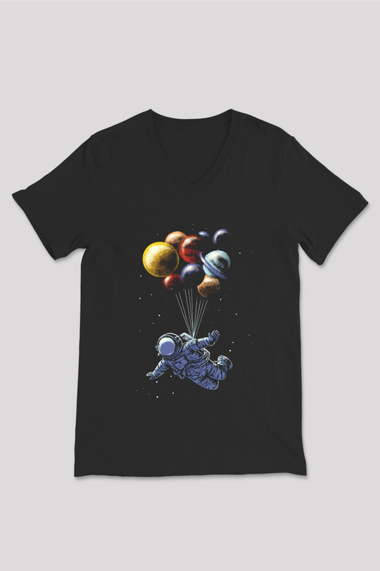 Astronot Siyah Unisex V Yaka Tişört T-Shirt