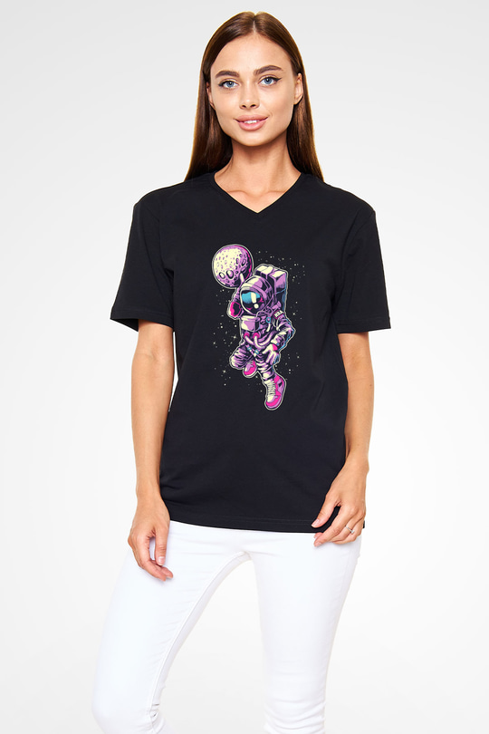 Astronot Siyah Unisex V Yaka Tişört T-Shirt
