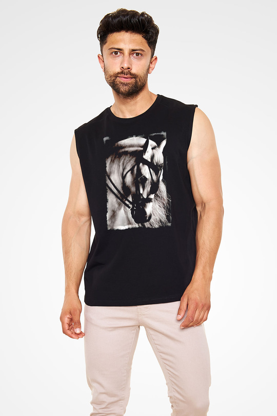 At Baskılı Unisex Siyah  Kolsuz Tişört