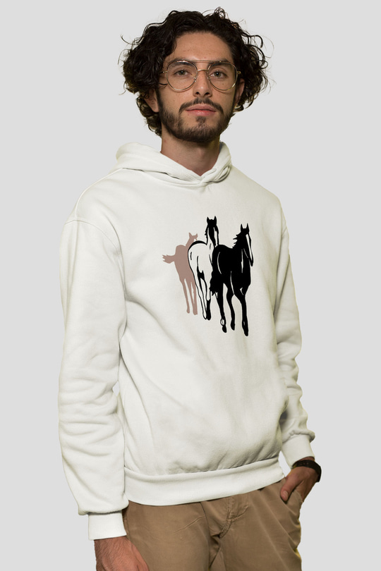 At Beyaz Unisex Kapşonlu Sweatshirt