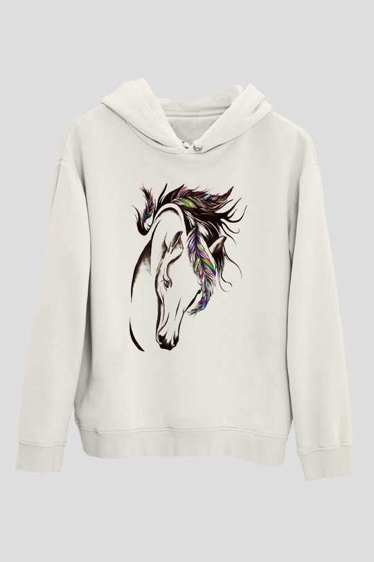 At Beyaz Unisex Kapşonlu Sweatshirt