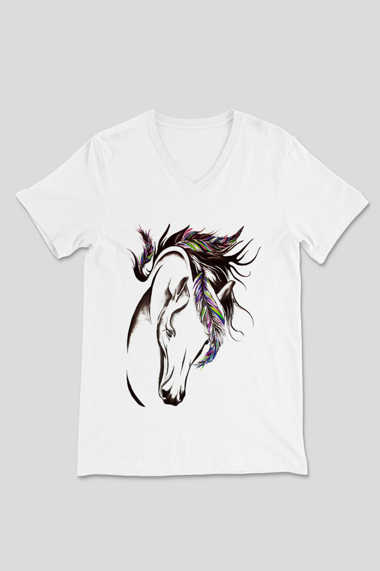 At Beyaz Unisex V Yaka Tişört T-Shirt