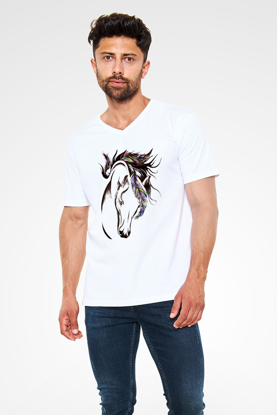 At Beyaz Unisex V Yaka Tişört T-Shirt
