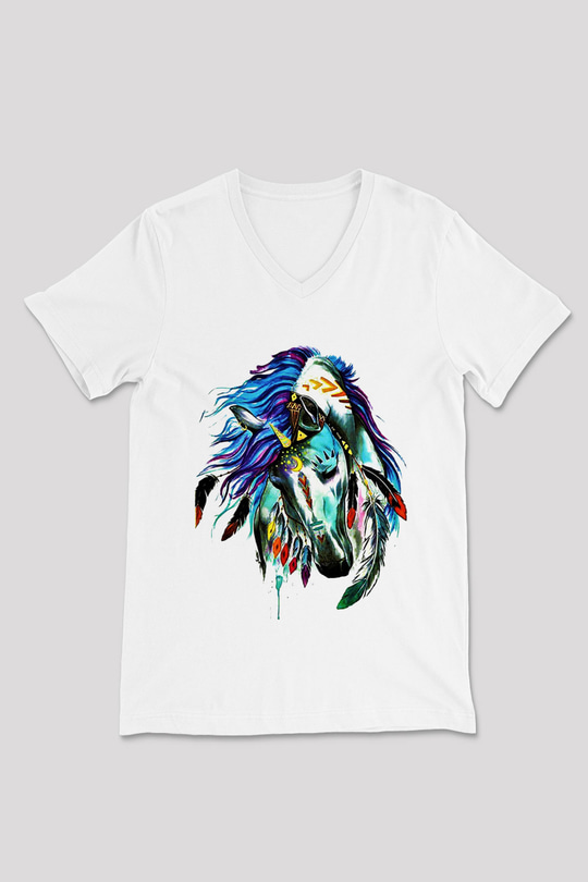 At Beyaz Unisex V Yaka Tişört T-Shirt