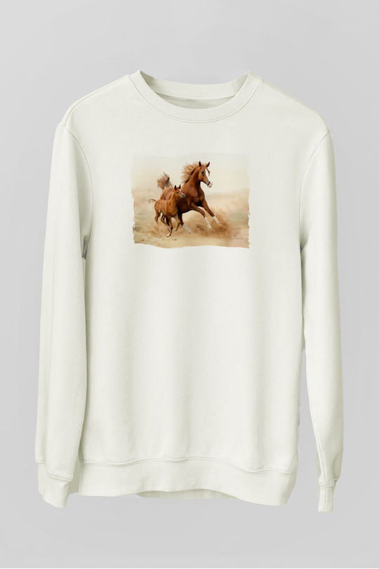 At ve Yavrusu Baskılı Unisex Beyaz  Sweatshirt