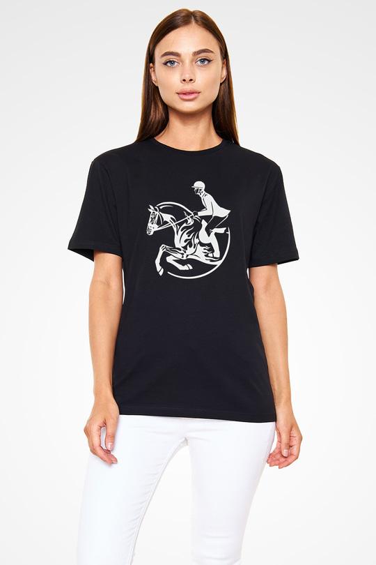 At Yarışı - Horse Race Baskılı Unisex Siyah Tişört - Tshirt