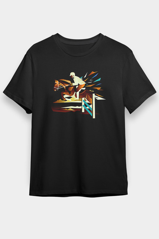 At Yarışı - Horse Race Baskılı Unisex Siyah Tişört - Tshirt