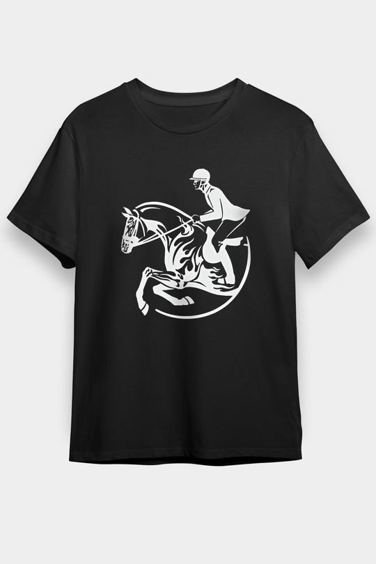 At Yarışı - Horse Race Baskılı Unisex Siyah Tişört - Tshirt