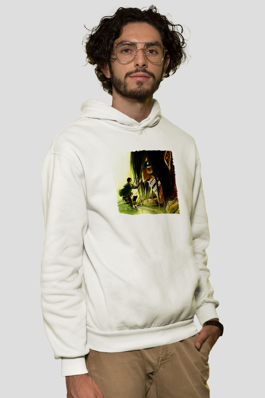 Attack On Titan Baskılı Beyaz Unisex Hoodie
