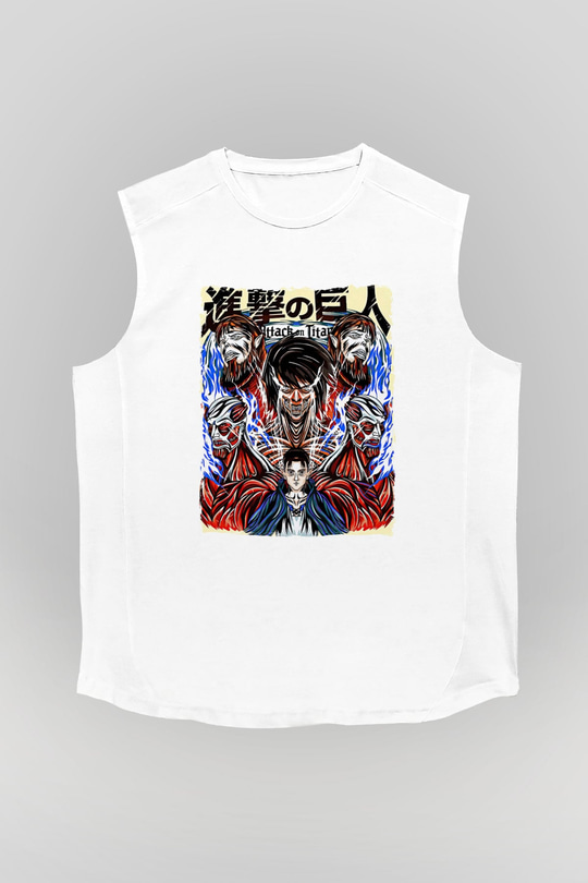 Attack On Titan Baskılı Beyaz Unisex Kolsuz Tişört - Tshirt