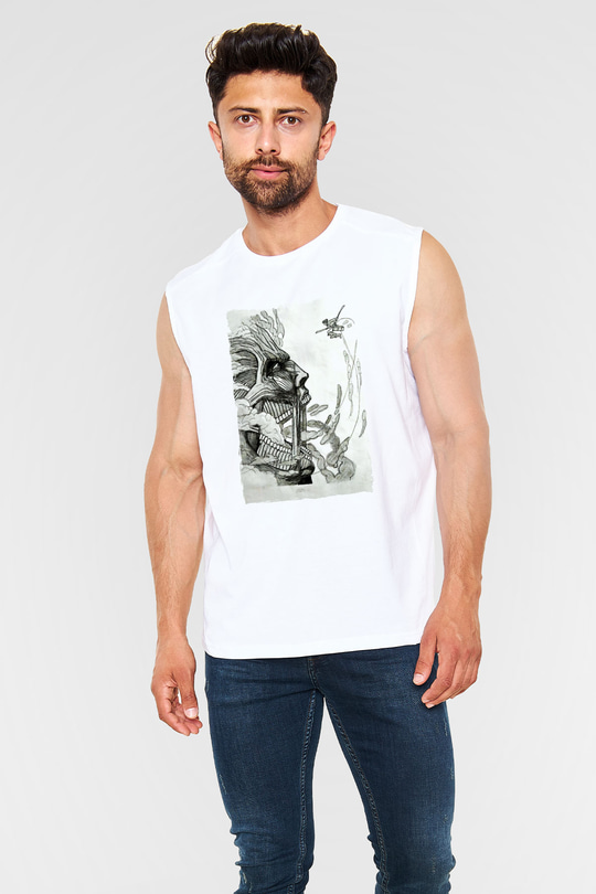 Attack On Titan Baskılı Beyaz Unisex Kolsuz Tişört - Tshirt