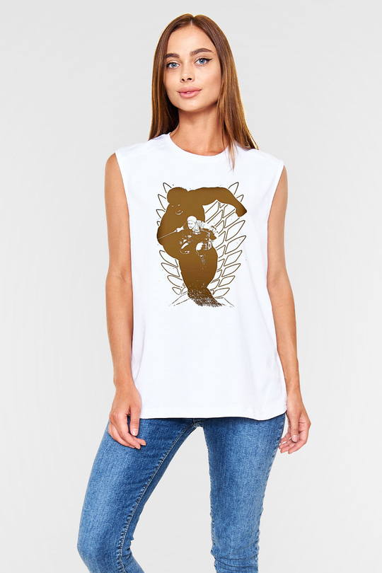 Attack On Titan Baskılı Beyaz Unisex Kolsuz Tişört - Tshirt