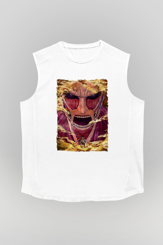 Attack On Titan Baskılı Beyaz Unisex Kolsuz Tişört - Tshirt