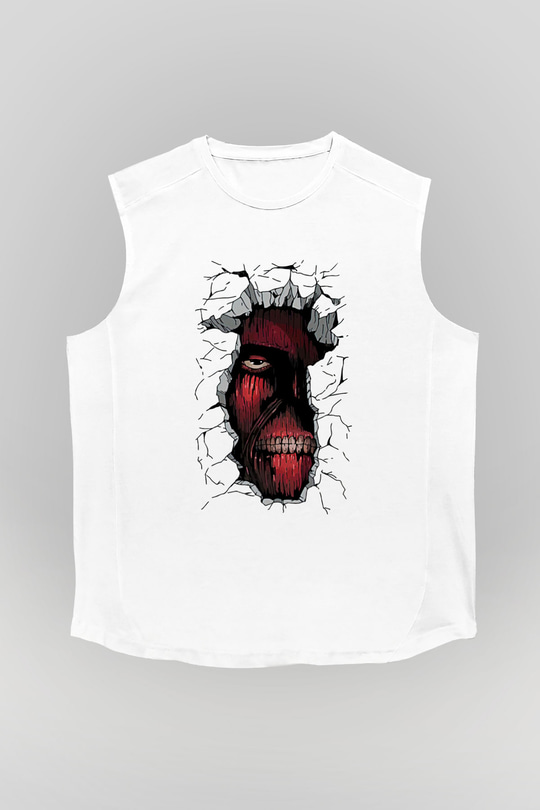 Attack On Titan Baskılı Beyaz Unisex Kolsuz Tişört - Tshirt